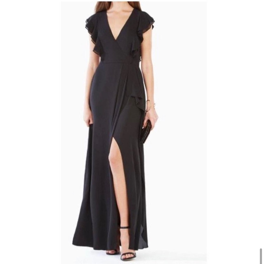 BCBGMaxAzria Black “Callie” Maxi Gown with V-neck and Flutter Sleeves